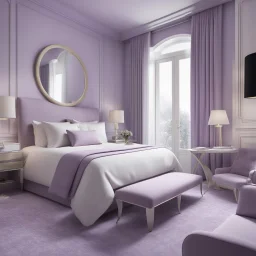 hotel bedroom master, modern classic style, lavender colors, 3d