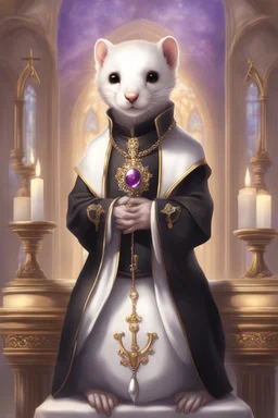 (anthropomorphic white ferret),dressed in ((cleric fantasy)) black clothes with silver holy ornaments, realistic anatomy, posing, cute face, fantasy inspire, church on background with warm sunshine lighty from behind, gloomy atmosphere purple armband, The holy icon style, RTX, praying pose, close eyes:2.5