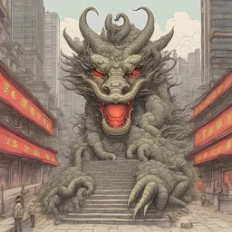 draw me a bright picture of the urban nature of China, suitable for inserting a round dragon symbol with three heads into it