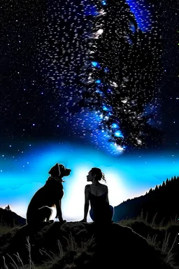 Black background on a mountaintop. A silhouette of a fit human man and a silhouette of a fit human woman sitting close to each other, looking at the stars. A large dog is in the photo behind the woman and the man.