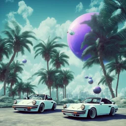 1980's aesthetic vaporwave palm trees and spheres and Porsche with lightning