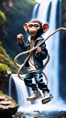 magazine cover, twisted rock star alien gremlin monkey rapper crew with silver boots as a pimp holding rope rushing down heavens waterfall,bokeh like f/0.8, tilt-shift lens 8k, high detail, smooth render, down-light, unreal engine, prize winning