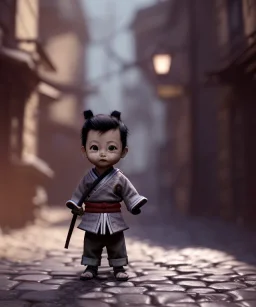 little boy samurai. shadows, Brent Weeks, Night Angel, cobblestone street alley, highly detailed, hyper-detailed, beautifully color-coded, insane details, intricate details, beautifully color graded, Cinematic, Color Grading, Editorial Photography, Depth of Field, DOF, Tilt Blur, White Balance, 32k, Super-Resolution, Megapixel, ProPhoto RGB, VR, Halfrear Lighting, Backlight, non photorealistic rendering