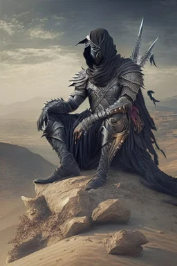 Arab warrior Full Body Full Armored Wearing Face Masculine Mysterious Powerful Fantasy High Quality with his bow black clothes Sitting on a hill