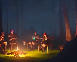 Adventurers resting around a campfire with a cooking pot in a forest clearing at night, starry sky, dark fantasy, high detail, high definition, big adventuring bags