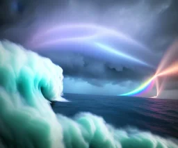 precise digital photo of a rgb random multicolour tornado made of smoke particles, over a stormy ocean, high waves colliding with the smoke, foam, intricate, 8k, extremely detailed, cgi, hyperrealistic render, volumetric lighting, impressive volumetric clouds, vitality colors, double precision