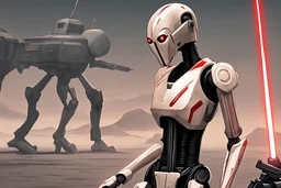 A B1 battle droid, feminine in appearance and athletic in figure. Her body is robotic and presents a feminine figure. The color of its body is black with red parts. He holds a laser submachine gun in his hands and has a black hooded cape as clothing.