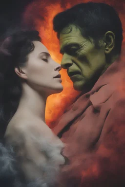 Bursting Blood vessels, heart-shaped, electrifying, close-up, Head and shoulders portrait of Frankenstein and his Bride, double exposure shadow of the ghost, Invisible, poignant, extremely colorful, Dimensional rifts, multicolored lightning, outer space, planets, stars, galaxies, fire, explosions, smoke, volcanic lava, Bubbles, craggy mountain peaks the flash in the background, 32k UHD, 1080p, 1200ppi, 2000dpi, digital photograph, heterosexual love, speedforce