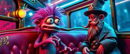 close up portrait of hairy fluffy polymer clay cute happy worried monster with realistic human colored and textured skin, and long sleek limbs and with studio lights, on a luxury ornate neon buss with strange graphitti and tatooes, talking to a wise man