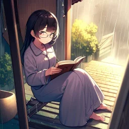 anime girl sitting on a porch swing of an old house, journaling, wearing pajamas, writing in a book, shes watching it rain, more detail on hands and her face,shes deep in her thoughts, wearing glasses, rain drops, she has a pencil in her hand and is writning in the book, she is looking down at what she is writing, lightning