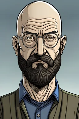 middle-aged man standing tall with a brown beard and he is bald has thin black glasses comic book style with realism