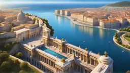 a roman city divided by a river next to the ocean. seen from a hill. perfect symmetry. marble and gold. fantasy.