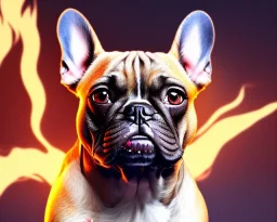 a detailed illustration of a french bulldog, phoenix bird wallpaper, luminescent body, full body, symmetrical body, realistic, glowing muscles, sharp focus, meticulously detailed, soft evening sky, 64k