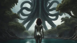 Wide-angle shot of a woman, standing on the right side on an alien beach, with dark hair in a silver robotic catsuit, many floating aliens with long tentacles, alien jungle trees in the distance detailed matte painting, deep colour