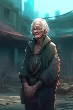 cyberpunk saggy granny woman, abandoned sci-fi town, future, sci-fi