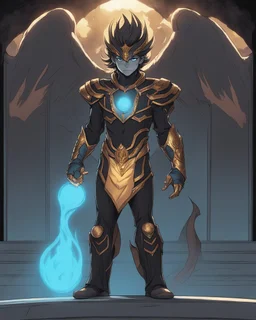 A 25 years boy persian in matte black robes with flaming eyes with grin with flaming light blue pupils stands atop a squire Two infinity gauntlets contain six infinity stones, one of which is made with nano In the hands of a powerful man walking While standing on a majestic height from afar With two big wings