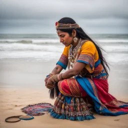 a native Indian woman, adorned in the vibrant colors and intricate patterns of her traditional attire, kneeling on the shore with a sense of purpose and reverence. Against the backdrop of an overcast sky that mirrors the somber hues of the sea, the woman is absorbed in her task, her hands and knees sinking into the cool sand as she sifts through its grains with gentle precision. Her eyes, dark and deep as the ocean itself, scan the shoreline in search of sea glass, those precious treasures worn