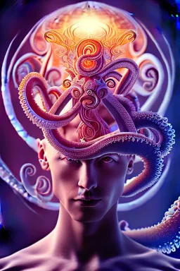 Spiritual being with Tentacles over human Head creating reality around, wrapping Spiral around people, Psychedelic