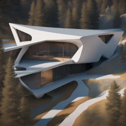 Cabaña moderna minimalista en las montañas estilo Zaha Hadid vista aérea calidad ultra pintura al óleo 8k