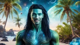 beautiful gorgeous young man na'vi with long hair, Avatar, blue skin, two small ears, green eyes, black hair, in cosmic suit, galactic ambiance, smiling, with spaceship and planets and palm trees and clear crystaline cosmic beach in background