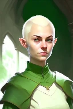 Full colour drawing portrait fantasy setting 22-year old friendly female human cleric, shaved head, small round ears, blonde eyebrows, wearing white (30%) and dark green (70%)