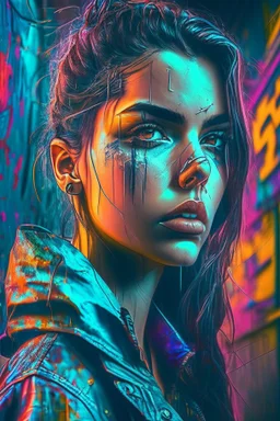 beautiful woman set against a gritty urban backdrop, The image should be highly detailed and intricate, with a sharp focus on the woman features, and a neon color palette that pops against the dark background, the style should be reminiscent of street art and urban culture, with exaggerated and stylized features that give the portrait a larger-than-life feel, trending on artstation and instagram, art inspirations include banksy, Shepard Fairey, and lady pink, set against a gritty urban backdrop,