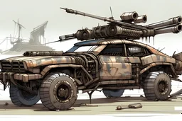 armored muscle car, bandit warpaint and symbols, attached weapons, post-apocalyptic, concept art, comic drawing style