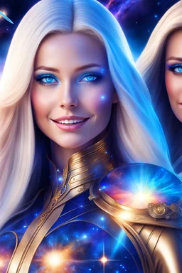cosmic woman smile, admiral from the future, one fine whole face, crystalline skin, expressive blue eyes,rainbow, smiling lips, very nice smile, costume pleiadian, Beautiful tall woman pleiadian Galactic commander, ship, perfect datailed golden galactic suit, high rank, long blond hair, hand whit five perfect detailed finger, amazing big blue eyes, smilling mouth, high drfinition lips, cosmic happiness, bright colors, blue, pink, gold, jewels, realist, high commander