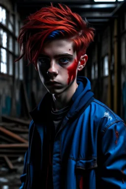 An 18-year-old boy with a completely dark black face, sharp red eyes like Spider-Man's, and wearing a blue WindowLine jacket, standing behind an abandoned factory.His eyes are completely red and his hair is black, his face and head are like shadows