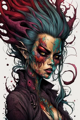 highly detailed full color concept illustration of a seductive female Bruxa character , maximalist, sharp focus, highest resolution, in the styles of Alex Pardee, Denis Forkas , and Masahiro Ito, boldly inked, 8k, coarse, gritty textures