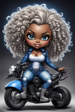 create an airbrush illustration of a chibi cartoon voluptuous black female wearing a blue jean outfit with biker boots. Prominent make up with hazel eyes. Extremely highly detail of black and blonde tight curly hair. She is sitting on a Black and silver ATV. Background of a bike show.