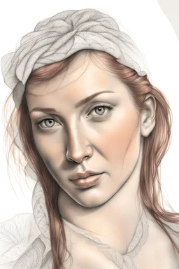 dibujo en grafito realista de rostro mujer 35 años nariz prominente aguileña gordita pelo rojo suelto ojos cerrados de frente plano picado rasgos definidos boca cerrada