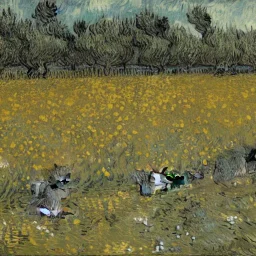 Portrait of kittens in a field of flowers at night by Van Gogh