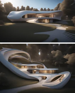 Zaha Hadid style country house, aerial view, unreal engine 5, concept art, art station, ray tracing, RTX, ultra detail, volumetric lighting, 3d