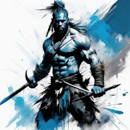 Primitive man wielding a spear style of Russ Mills, medium view. rough lines, expressive motion, tribal energy, primitive surroundings. Emphasis on raw movement and atmosphere. dynamic shadows. Ultra Detailed. Silver blue tones,