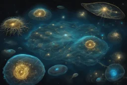 Bioluminescence Amoebae creatures floating unter the dark blue water with inside microchips, dark sky, nebulas, meteor, Dark Night. Bioluminescent world wide web with sparkling gold particles, etheraly, biotech, fantasy art, science fiction, perfect focus, high contrast, ultra quality, cinematic