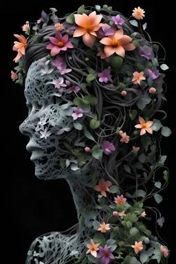 woman made of flowers and vines, x-ray style, nanotechnological style, black background