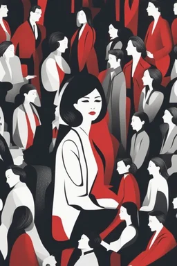 Image of a woman sitting alone, surrounded by shadowy figures whispering in her ear, suggesting the influence of manipulation and dark psychology on individual perceptions of attractiveness Give it a very dark frightening vibe. Use black and red theme.