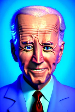 Waist up Portrait, joe Biden as muppet doll, Blue suit retro style, photo studio, blue background, unreal engine 5, concept art, art station, god lights, ray tracing, RTX, lumen lighting, ultra detail, volumetric lighting, 3d.