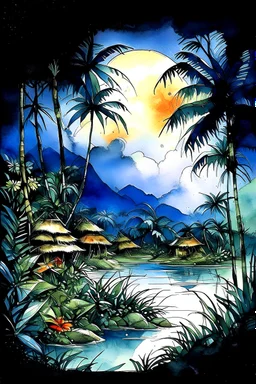 deseneaza o cu acuarela umeda in în stilul artistic , in stilul FolkArt un peisaj din jungla peruana cu un sat de salbatici , adunati langa foc noaptea pe luna pe malul unei ape ,acuarelă umeda și tuș in stil Jean-Baptiste Monge cu lumini si umbre, hasurata cu linii oblice , cu outlinii de contrast la culori ,cu mare acuratete si contrast, detalii complicate, premiat, colorat, calitate clară