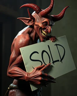 A realistic ghoulish laughing devil leaning forward at an angle as if over someone's shoulder, facing right, holding a large sign that says "SOLD" in clear letters. No humans, no extra subjects, cinematic horror lighting.