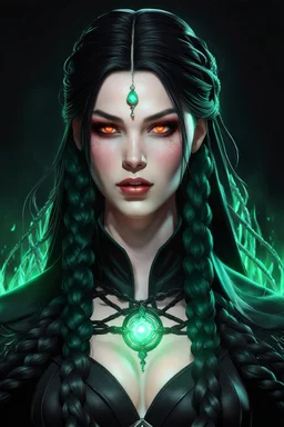 Hexblood warlock female character. Long straight jet-black hair to the waist. Half-up hairstyle with two loose Dutch braids on each side. Bright glowing pale emerald-red eyes. Delicate face. High cheekbones. Full lips. Soft smile. Faint dark vine-like markings on face, neck and collarbone. Black cloak. Realistic dark fantasy. Highly detailed. Cinematic lighting.