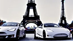 A Tesla's 'Model S Plaid' is racing at top speed, by the Eiffel Tower, in Paris. CINEMATIC. WIDE ANGLE LENS.