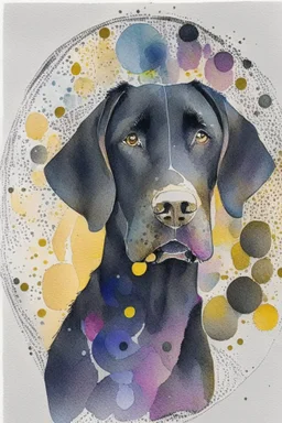abstract watercolour of a black Labrador dog’s head in the style of Sabrina garassi with bifurcated circles