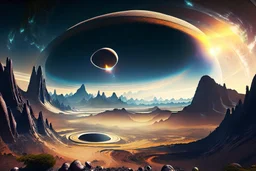 Alien landscape with Epic exoplanet with rings in the sky, over the valley.