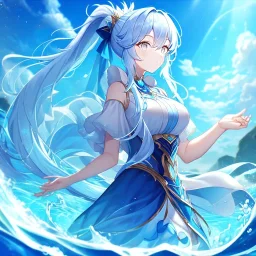 girl, masterpiece, best quality, volumetric lighting, detailed outfit, perfect eyes, light blue hair, long hair, white eyes, ponytail, messy hair, water magic,