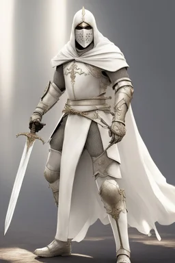 Knight wearing white armor and white cape with white face mask, holding a two handed sword