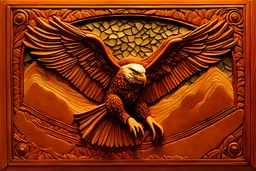 A stunning EAGLE and surrealistic hand-carved and mosaic artwork on wooden clay tiles, depicting an ethereal and fantastical subject. The intricate detailing and craftsmanship of the relief carving and mosaic work create a mesmerizing and visually captivating art piece. The technique combines the finesse of wood carving with the precision of mosaic art, resulting in a unique and awe-inspiring masterpiece.