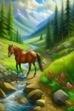 walking in mountains by stream, horse caterpillar, prize winning oil painting,book cover illustration