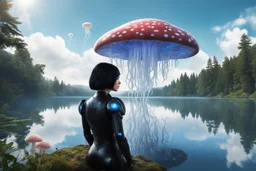 photorealistic photo of a woman with black hair, dressed in an android suit, looking out over a lake, at a mushroom with jellyfish tentacles with tall narrow cloud trees in the background